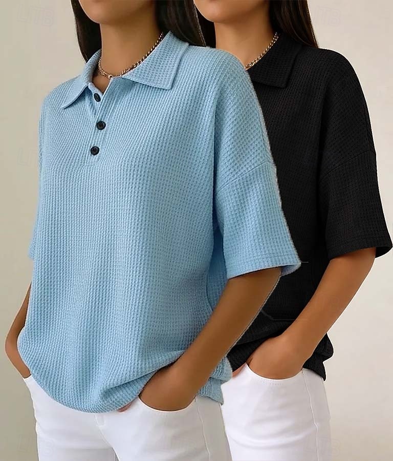 Damskie Koszula waflowa Jednokolorowe Elegancja Aktywny Urlop Bez rękawów Rękaw 1/2 W serek Kołnierz polo Długie topy Codzienny Na zewnątrz Streetwear Niebieski / Czarny Biały + czarny Czerwony 2026 - $45.99 –P9