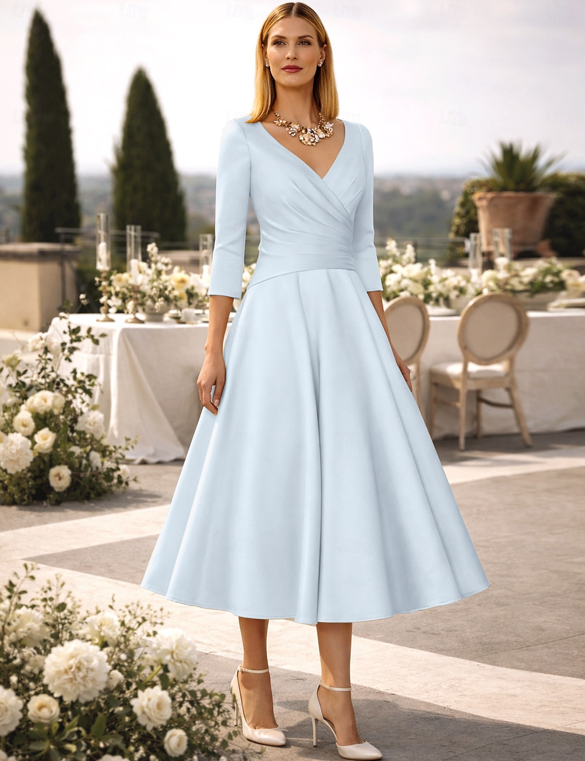 A-Linie Tee-Länge Cocktailkleider Partykleider Elegant Vintage Übergröße Dreiviertelarm V Ausschnitt Hochzeitsgast Satin mit Falten 2026 - $126.99 –P18