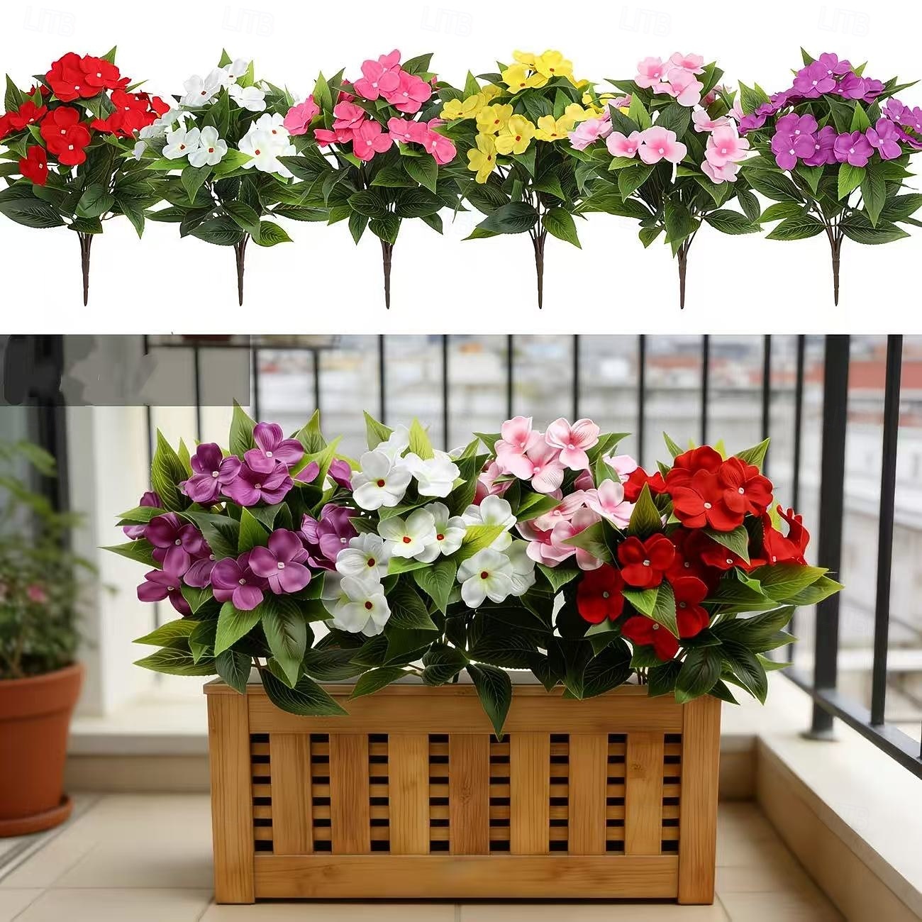 2026年 インパチェンスの造花2個セット、マルチカラーの造花鉢植え、中庭やバルコニー用の高品質装飾品、長持ちする造花、家庭や屋外の景観  コレクション – $17.49 –P1