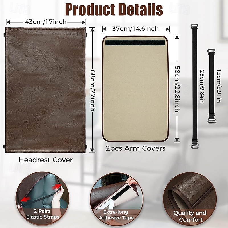 Voděodolný potah na pohovku, potah na opěrku hlavy s elastickým popruhem a kapsou, chránič loketní opěrky, protiskluzový potah na opěrku hlavy křesla, chránič nábytku do obývacího pokoje, odolný, snadno se čistí 2026 - $48.99 –P1