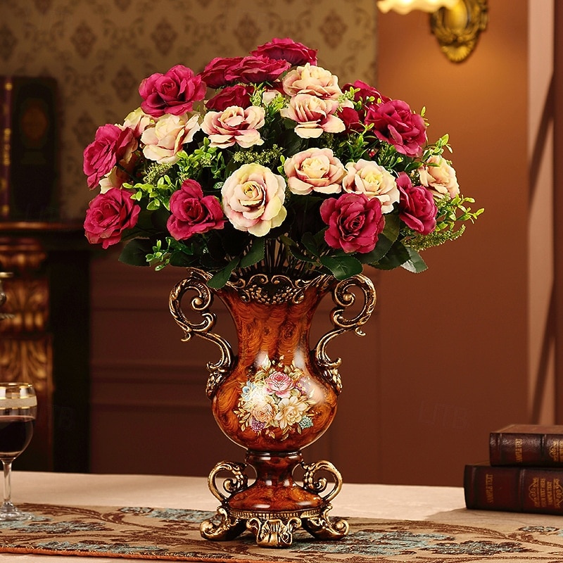 europeisk kunstig vintage blomsteroppsats vasesett gyllen harpiksvase falsk blomst, luksuriøs europeisk stil hjemmeinnredning, bordblomsteroppsats for stue, kontor, hotell, inngangsparti 2026 - $79.99 –P5