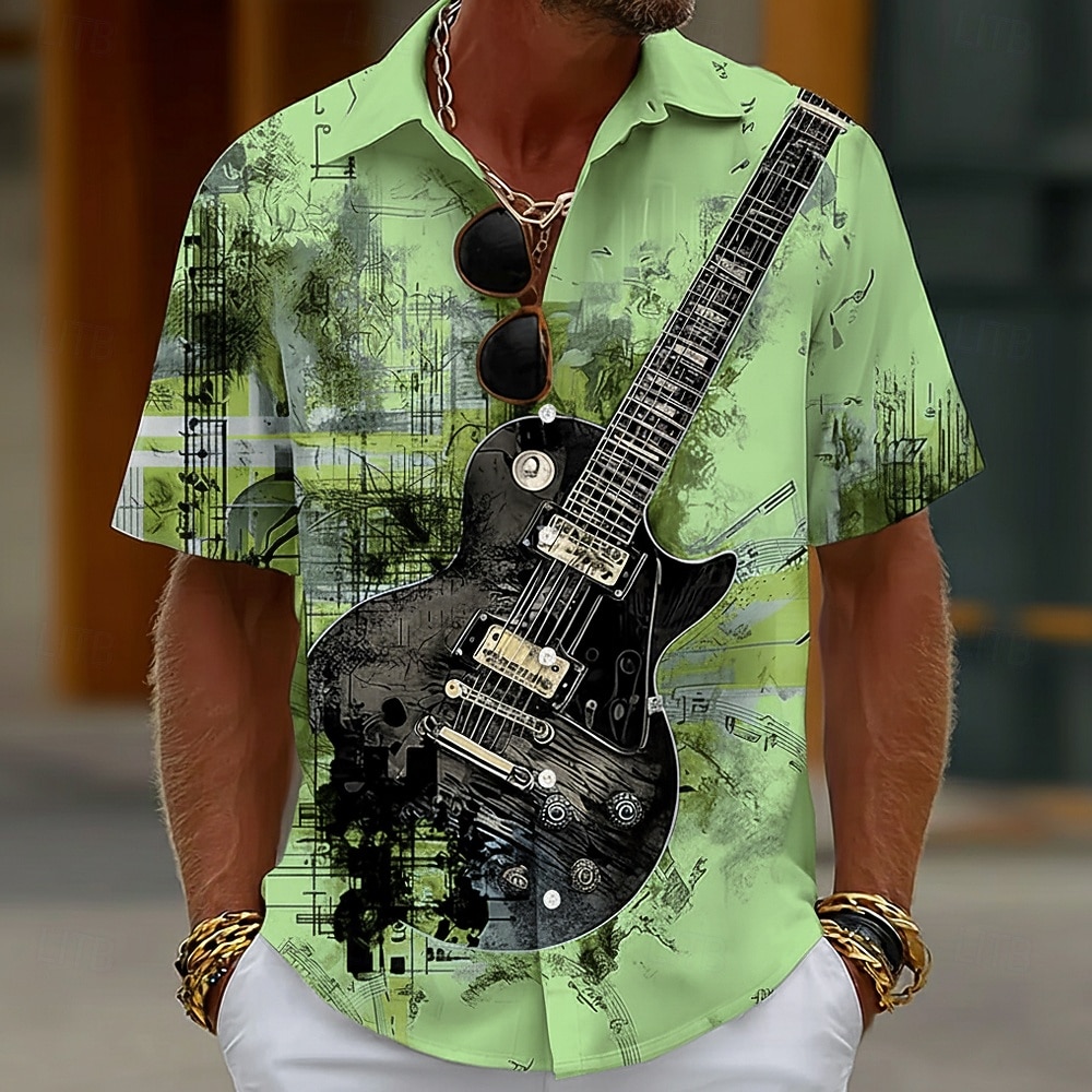 Męskie Gitara Instrument muzyczny Nuty Koszula Zapinana na guziki koszula Krótki rękaw Vintage Retro Codzienny Festiwal Muzyczny Lato Wiosna Wieczorne Druk 3D koszule z kołnierzykiem Niebieski Biały 2026 - $25.99 –P3