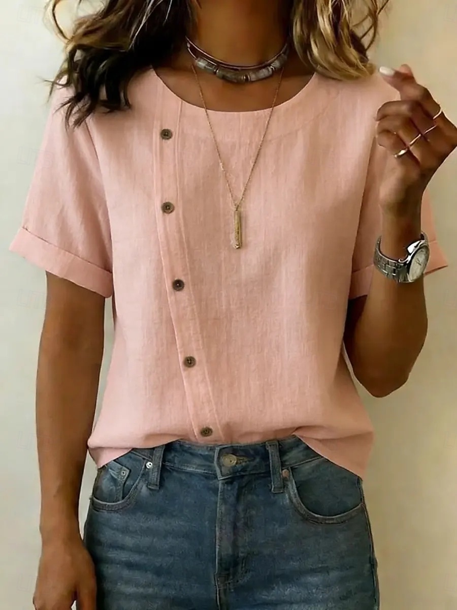 Mujer Camiseta Tee Botones Elegante Clásico Casual Manga Corta Cuello Barco Tops regulares Casual Blanco Amarillo Rosa Verano Primavera 2026 - $21.99 –P4