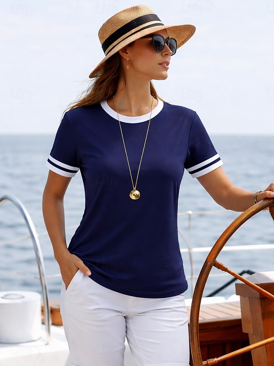 Per donna Maglietta Blocco di colore Stampato Grafico Geometrico Oceano Vintage Moda Elegante Manica Corta Girocollo Top Regolari Quotidiano Blu Bianco Rosso Blu marino Estate Primavera del 2026 a $21.99 –P4