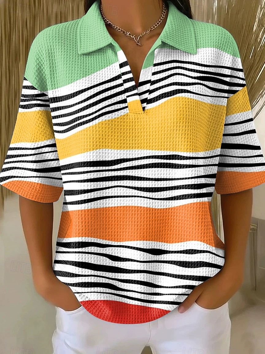 Women's Waffle T-shirt Textured Knit Tops Graphic Geometric Elegant Vintage Stylish Half Sleeve Polo Collar Regular Tops Casual Daily Blue Yellow Green Summer Spring 2026 - $24.99 –P2