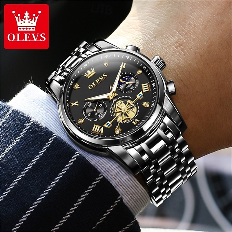 Olevs heren automatisch horloge luxe skeleton mechanisch polshorloge met maanfase waterdicht lichtgevend tweekleurig roestvrijstalen zakelijk modehorloge voor heren 2026 - $45.99 –P1