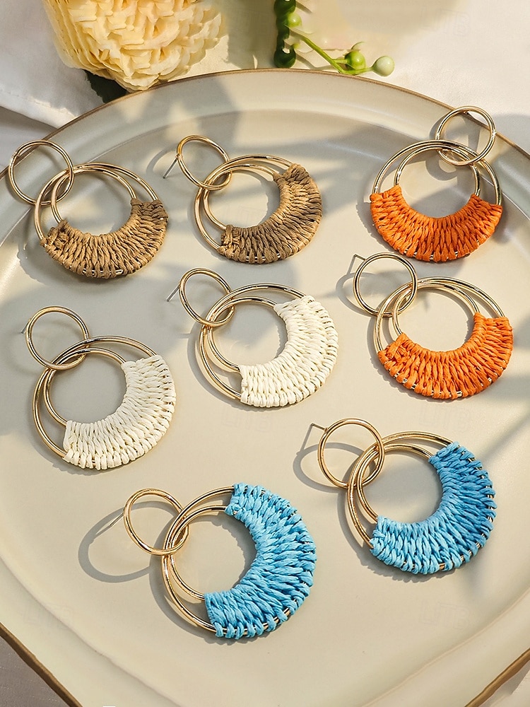 Women's Bohemian Woven Hoop Earrings, Alloy Rattan Style Statement Round Earrings in Multiple Colors for Beach Vacation Travel, Resort Wear and Everyday Casual Summer Jewelry 2026 - $7.99 –P6