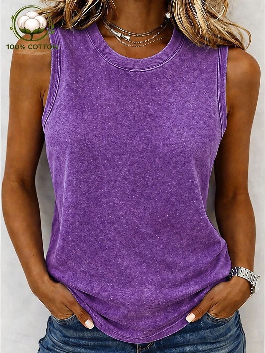 Dame 100% قطن Henly-skjorte Vasket Syrevask Vintage vask Årgang Mote Stilfull Ermeløs Kortermet Raglan Ermer Crew-hals Henley Vanlige topper Avslappet Strand Blå Rosa Lilla Oransje Grønn Sommer Vår 2026 - $21.99 –P10