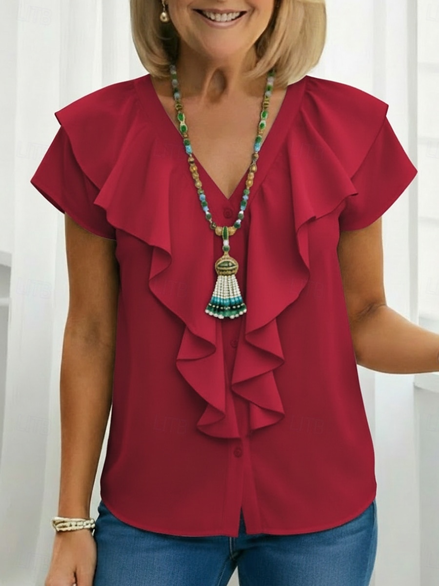 Γυναικεία Πουκάμισο Μπλούζα Με Βολάν Σκέτο Ενεργό Στυλάτο Αμάνικο Λαιμόκοψη V Κανονικά μπλουζάκια Καθημερινά ΕΞΩΤΕΡΙΚΟΥ ΧΩΡΟΥ Αργίες Μαύρο Λευκό Κρασί Σκούρο πράσινο Σκούρο μπλε Καλοκαίρι Άνοιξη 2026 - $27.99 –P5