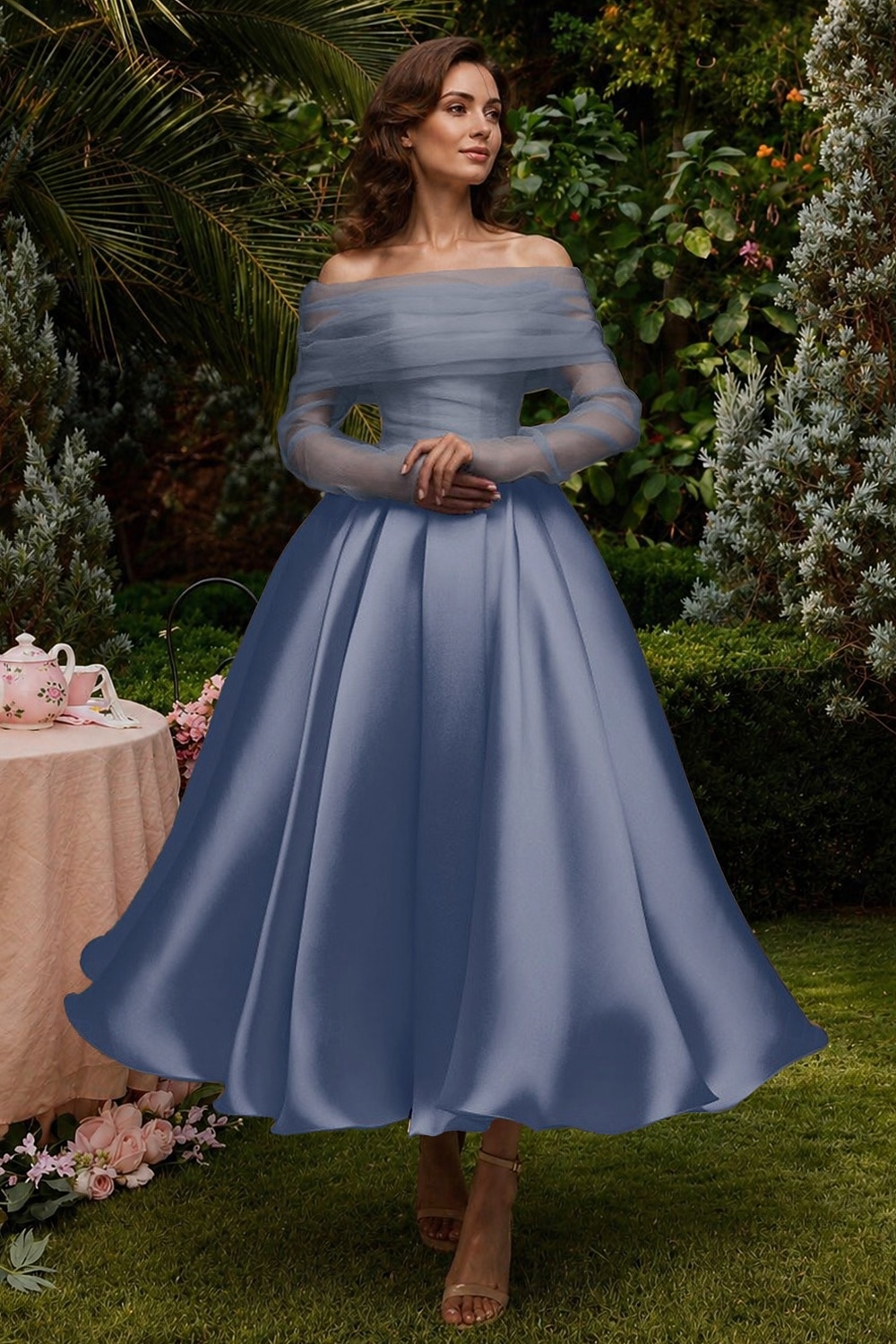 Ballkleid A-Linie Knöchellänge Cocktailkleider Partykleider Elegant Vintage Langarm Schulterfrei Hochzeit Formell Abnehmbar Satin mit Schal 2026 - $149.99 –P10