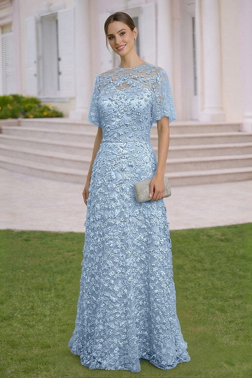 A-Line Dress Floor Length Wedding Guest Dress Formal Dresses Evening Gown Mother of the Bride Dress Short Sleeve Crew Neck Elegant Simple Embellished Formal Lace with 3D Flowers 2026 - $194.99 –P1