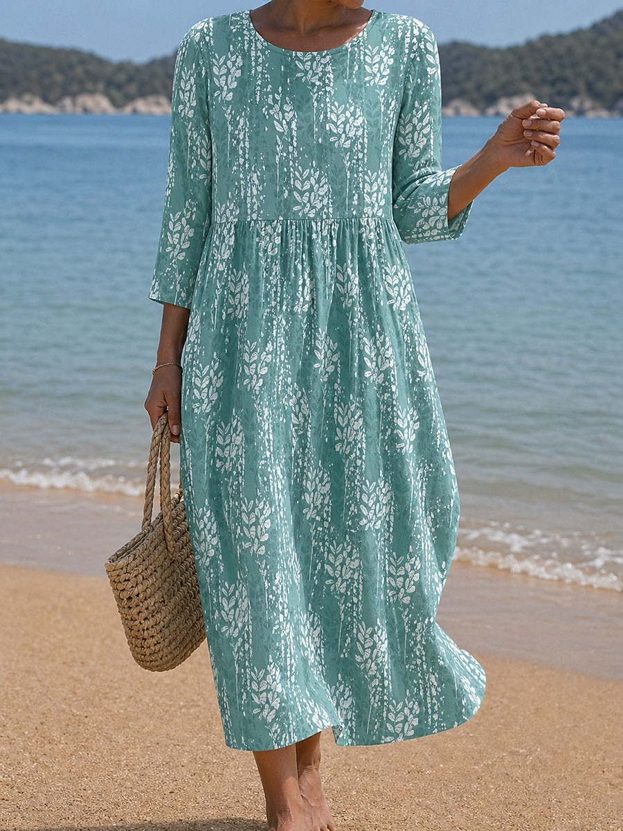 Women's Midi Dress Sundress Summer Dress Vacation Casual Boho Beach Holiday Regular Fit Floral Graphic 3/4 Length Sleeve Crew Neck Blue Pink Purple Summer Spring 2026 - $34.99 –P7