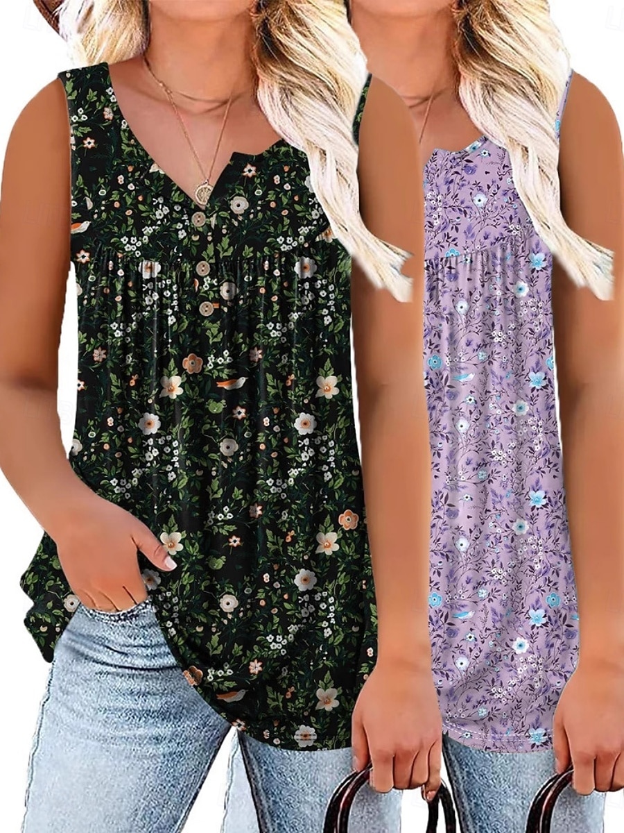 Multi Packs 2pcs Women's V Neck Sleeveless Yellow+Blue Tank Sleeveless Shirt Tee Top Floral Casual Daily Polyester Summer 2026 - $44.99 –P5