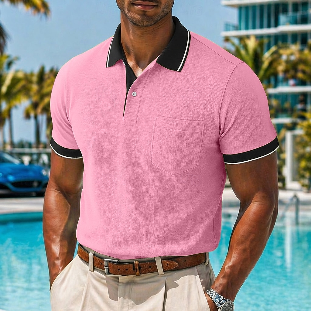 Men's Golf Shirt Pique Polo Shirt Casual Work Lapel Ribbed Polo Collar Short Sleeve Basic Modern Color Block Patchwork Pocket Spring & Summer Summer Regular Fit Pink Wine Green Gray Golf Shirt 2026 - $25.99 –P4