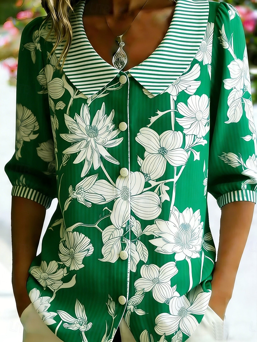 Per donna Camicia Camicia Boho Floreale Grafico A righe Elegante Bohemien Vacanza Collare Peter Pan Top Regolari Quotidiano Ferie Uscire Blu Giallo Verde Estate Primavera del 2026 a $34.99 –P1