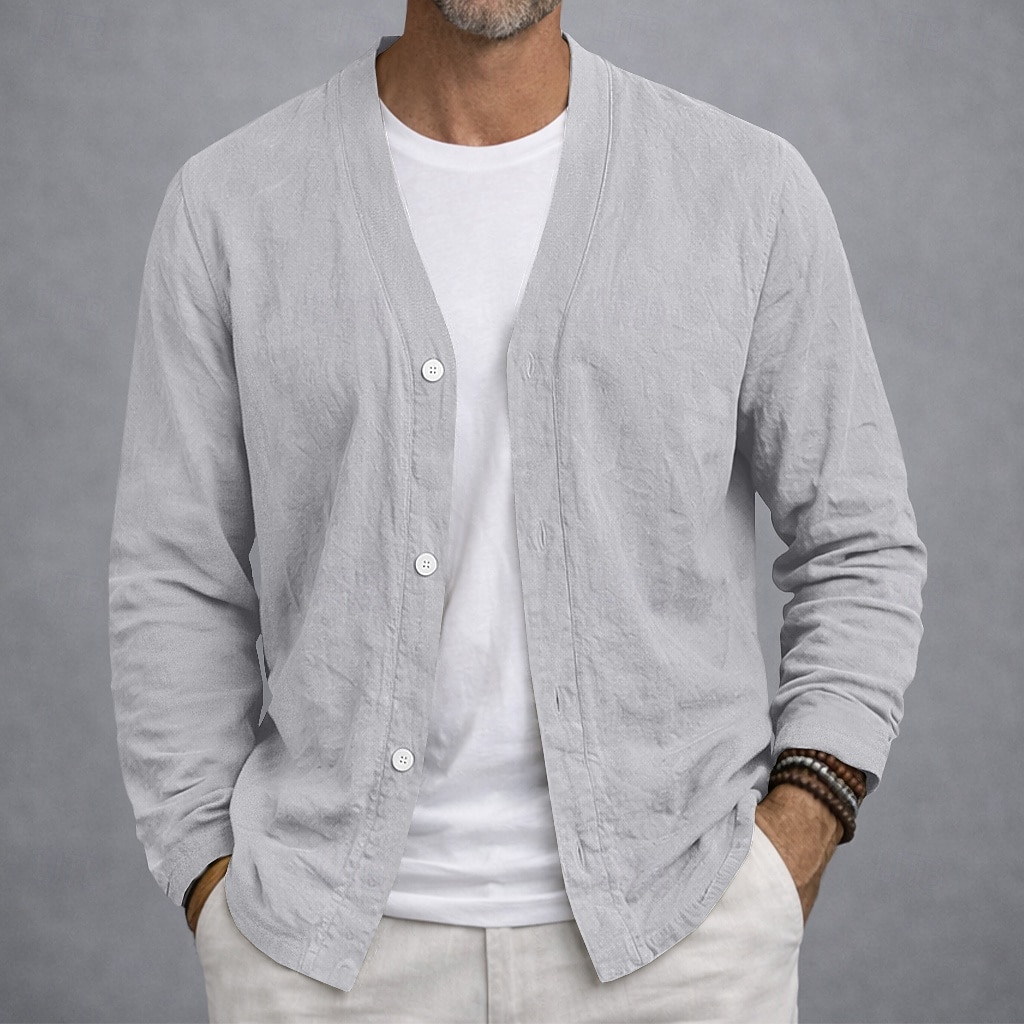 Herren Leinenhemd Sommerhemd Strandbekleidung Knopfhemd Strickjacke Einfach Lässig Urlaub Blau Schwarz Weiß Khaki Langarm V Ausschnitt Sommer Frühling Bekleidung 2026 - $24.99 –P6