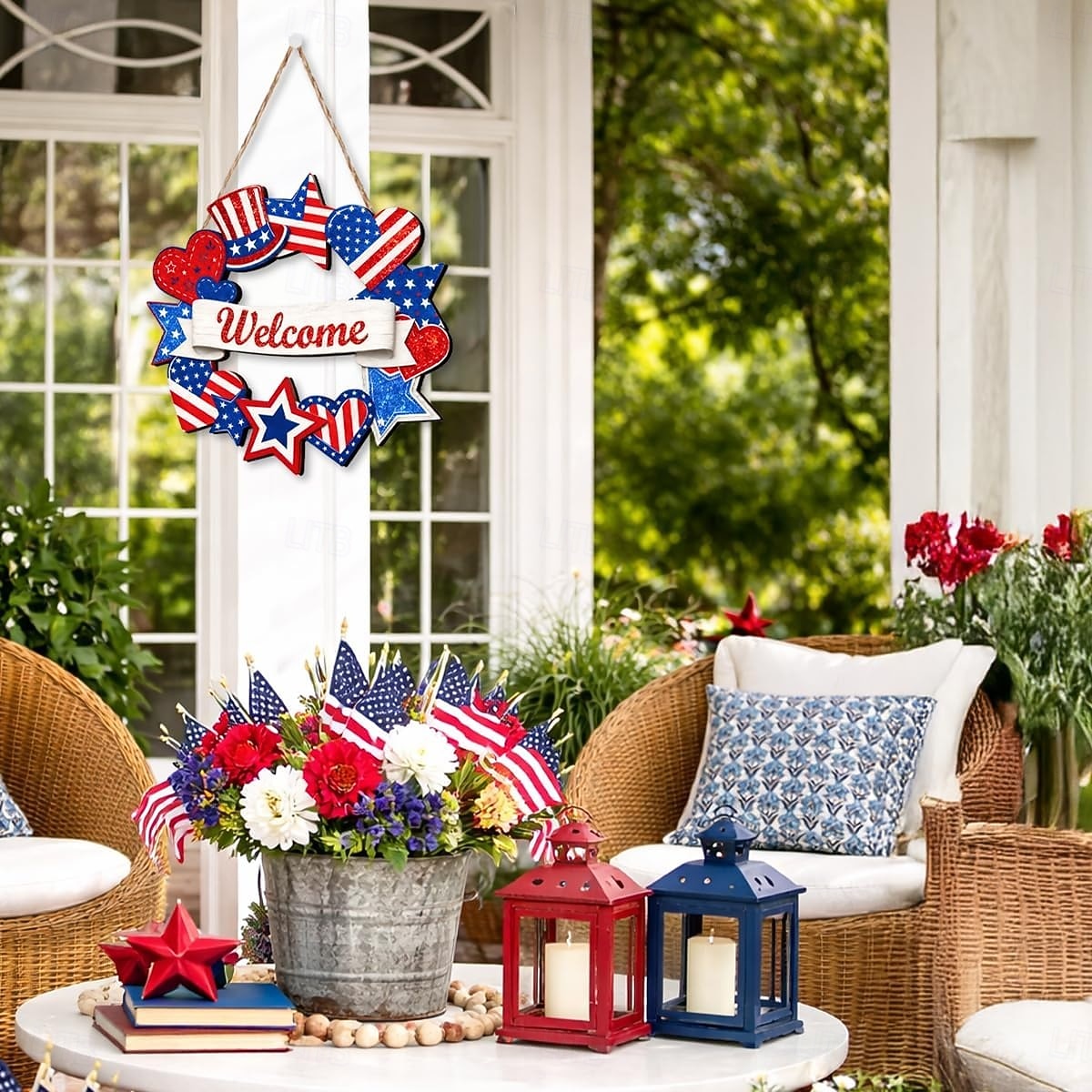 decorazioni in legno per il 4 luglio, ghirlande patriottiche per la porta d'ingresso, decorazioni per il giorno dell'indipendenza, segno stellare di benvenuto, decorazione per il Memorial Day da del 2026 a $14.99 –P2
