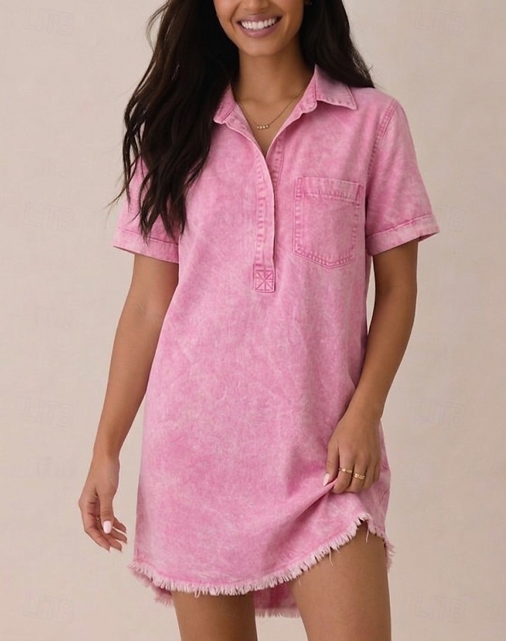 Rochie de damă până la genunchi, spălată, 90% bumbac, vintage, casual, mânecă scurtă, guler cămașă, albastru, negru, roz, vară, primăvară 2026 - $32.99 –P7