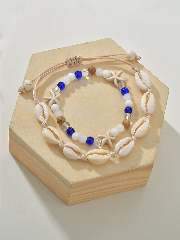 Женский богемный браслет на лодыжку из ракушек с подвесками в виде звезд, двухслойный, регулируемая длина, идеально подходит для пляжного отдыха, повседневной носки и летних аксессуаров. 2026 - $7.99 –P5