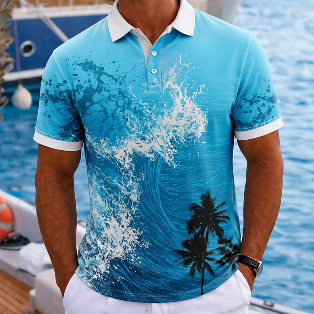 Men's Ocean Hawaiian Polo Shirts Short Sleeve Polo Shirts Collared Shirts Casual Athleisure Daily Wear Vacation Wear 3D Print Buttons Breathable Mesh Summer Spring Blue Sky Blue 2026 - $22.99 –P1