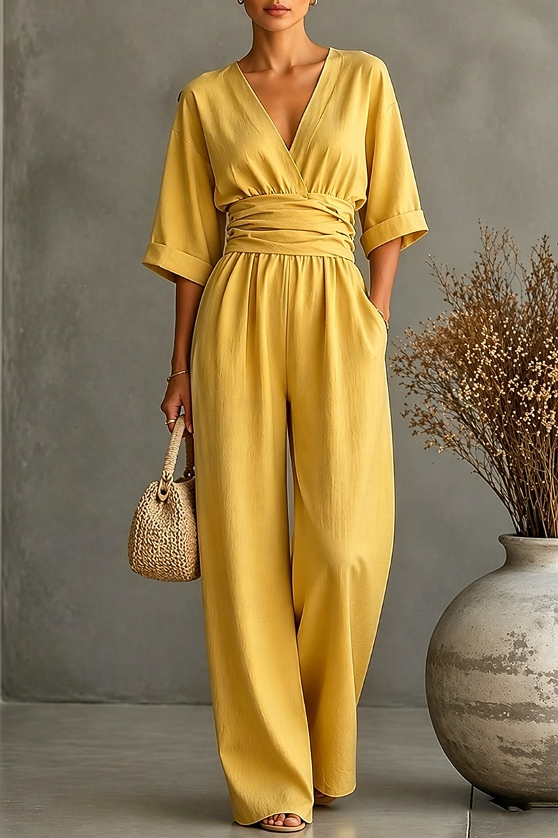 Damen Overall Elegant Einfarbig Halbarm Weites Bein V Ausschnitt Patchwork Tasche Täglich Urlaub Normale Passform Schwarz Weiß Gelb Sommer 2026 - $37.99 –P3