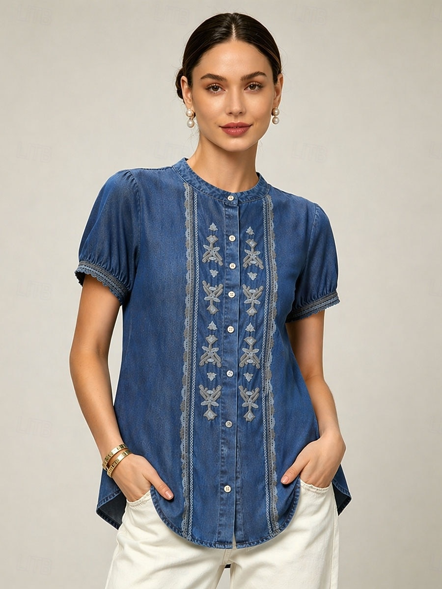 Camisa de manga corta con cuello mao bordado para mujer 2026 - $39.99 –P9