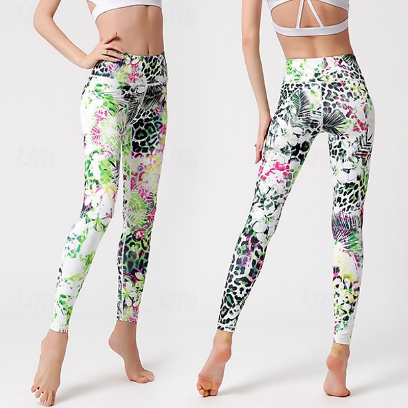 Dames Pilatesbroek Yogabroek Billenlift met ruche Hoge taille Sportschooltraining Hardlopen Fitness Legging Kleding Onderlichaam Flora Amethist Wit Blauw Sport Sportkleding Hoge Elasticiteit 2026 - $23.99 –P16