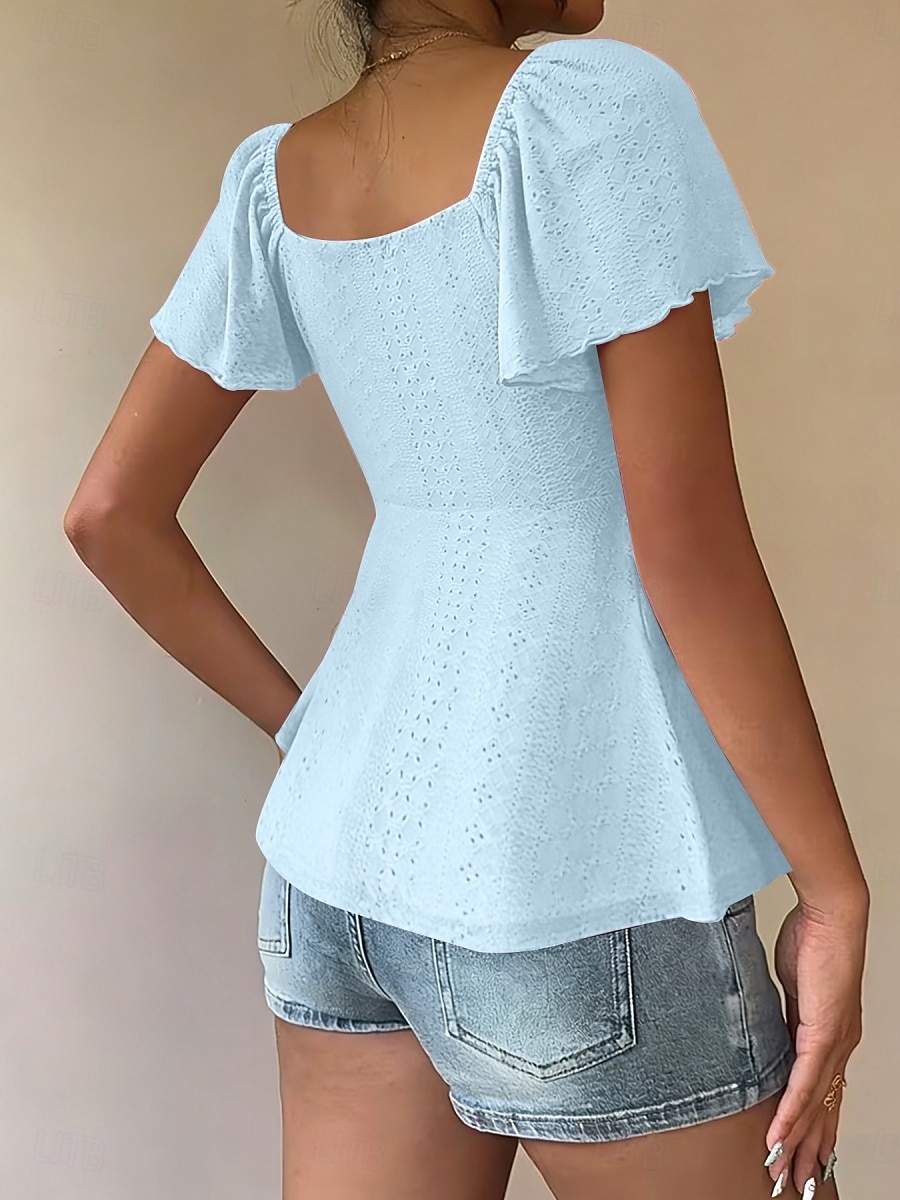 Femmes Chemisier Cordon de serrage Œillet Couleur Unie Élégant Sexy Occasionnel Manche Courte Col carré Hauts Réguliers Quotidien Noir Blanche Jaune Rose Claire Bleu Ciel Été Printemps de 2026 ? $19.99 –P7