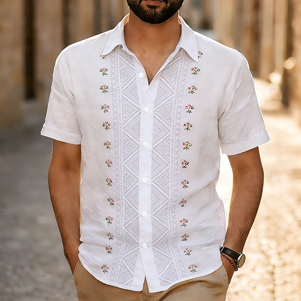 Voor heren Geometrisch Etnisch Bloemen Overhemd Guayabera-shirt Overhemd met knopen Korte mouw Vintage Retro Dagelijks Buiten Vakantie Zomer Lente Strijkijzer 3D-afdrukken Linnenachtig shirt blauw 2026 - $25.99 –P2