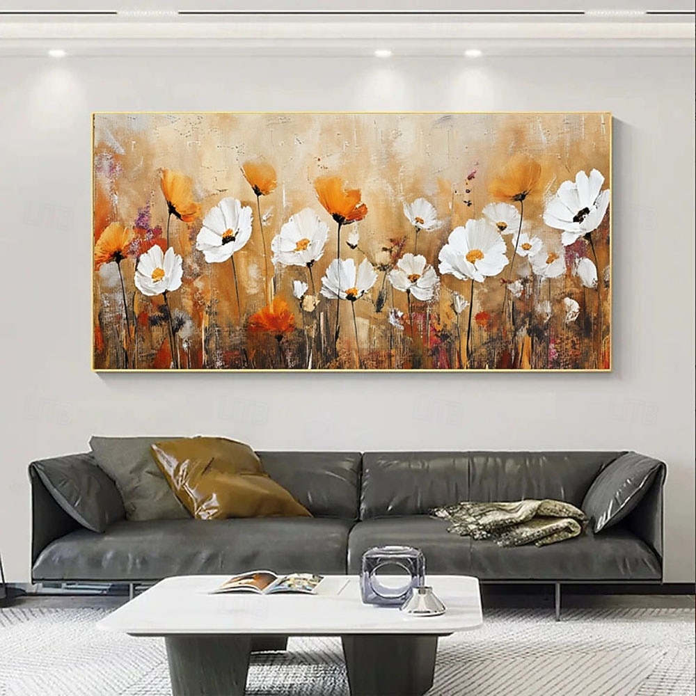 2026年 キャンバスに手描きされた壁掛け絵画、オレンジと白の花の風景