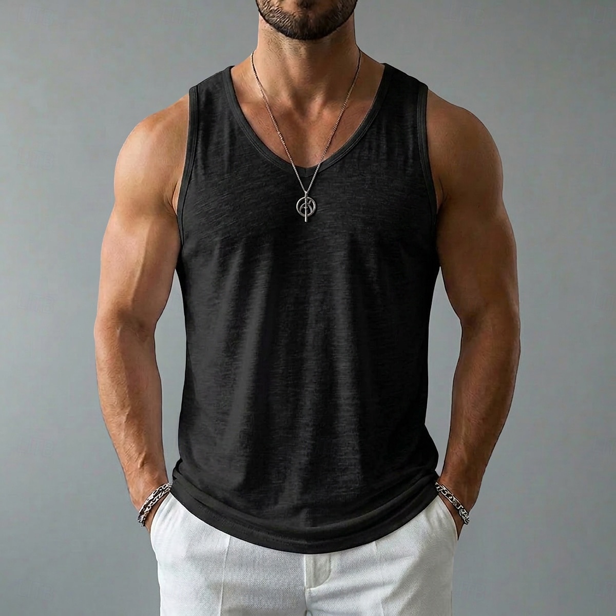 Herre Linne Tank Top Ermeløs skjorte Wifebeater skjorte Ermeløs Crew-hals V-hals Sommer Vår Alle årstider عادي Mote Grunnleggende Bohemsk Tynn Myk Ren Avslappet Strand Feriereise Blå Svart Hvit Topp 2026 - $19.99 –P10
