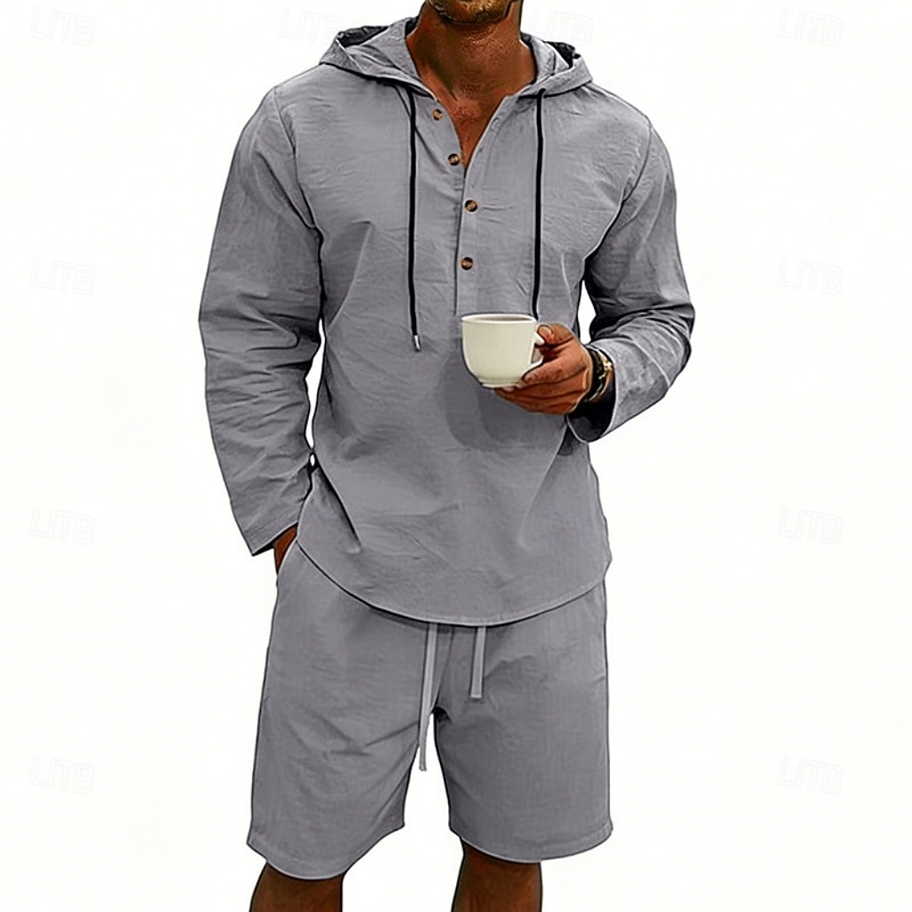 Herre Linskjorte 2 deler Popover skjorte Og Shorts Lin Shorts Strandshorts Sett عادي Daglig utendørs Feriereise Med hette Langermet Sommer Mote Fritid Bekvem Klær 2026 - $36.99 –P20