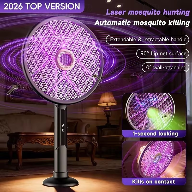 2-in-1 Electric Fly Swatter & Bug Zapper Racket, Automatic Mosquito Killer with Laser Hunting & UV Light, Extendable Handle, 90° Foldable Head for Wall-Attaching, USB Rechargeable for Home Indoor 2026 - $76.99 –P3