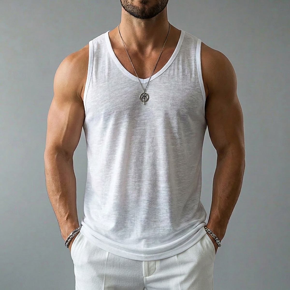 Herre Linne Tank Top Ermeløs skjorte Wifebeater skjorte Ermeløs Crew-hals V-hals Sommer Vår Alle årstider عادي Mote Grunnleggende Bohemsk Tynn Myk Ren Avslappet Strand Feriereise Blå Svart Hvit Topp 2026 - $19.99 –P5