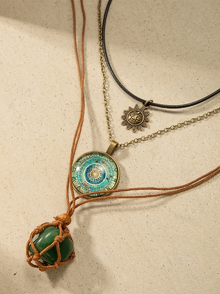 Dámská sada náhrdelníků v bohémském stylu ze smíšených materiálů, 3dílná šperková sada, ležérní a plážové outfity, ideální pro každodenní bohémské outfity 2026 - $9.99 –P6
