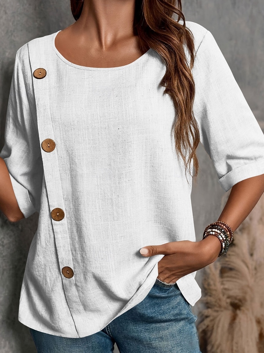 Damen Bluse Hemd aus Leinenimitat Knöpfe Einfarbig Stilvoll Basic Lässig Halbarm Rundhalsausschnitt Normale Oberteile Täglich Blau Schwarz Weiß Armeegrün Rote Sommer Frühling Herbst 2026 - $21.99 –P8