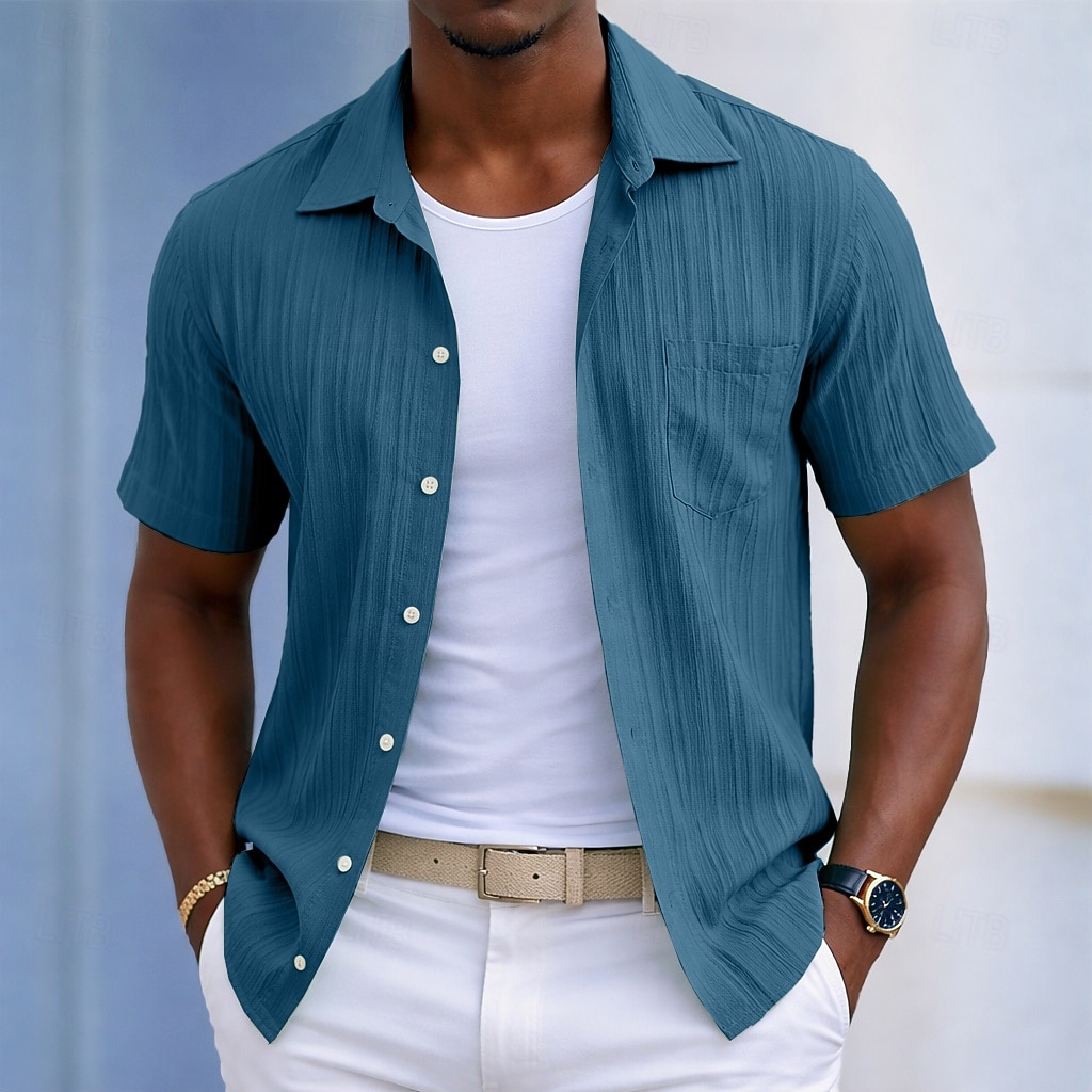 Men's Shirt Casual Shirt Beach Shirt Button Up Shirt Jacquard Shirt Black White Light Green Wine Blue Short Sleeve Solid Color Plain Lines / Waves Lapel Casual Streetwear Pocket Clothing Apparel 2026 - $20.99 –P1
