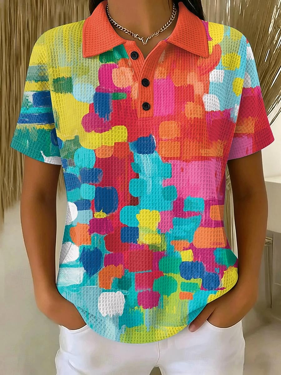 Mujer Camisetas polo con diseño de gofre Graphic Geométrico Vintage Elegante Clásico Manga Corta Cuello de polo Tops regulares Casual Diario Amarillo Rosa Rojo Verano Primavera 2026 - $24.99 –P2