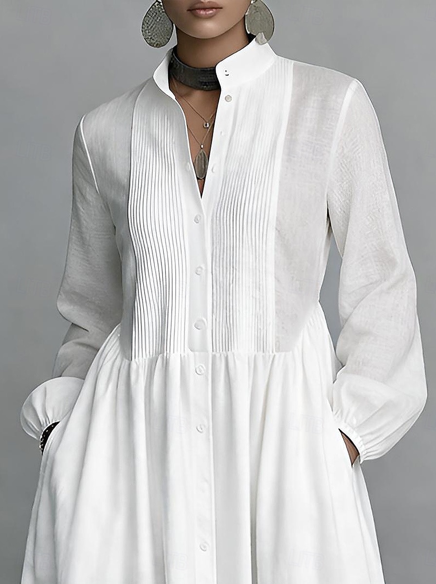 Жен. Длинное платье Платье-рубашка Белое платье Платье на выпускной Элегантный стиль Мода Современное на открытом воздухе Отпуск На выход Стандартный Полотняное плетение Длинный рукав Вырез под горло 2026 - NZ $76.09 –P2