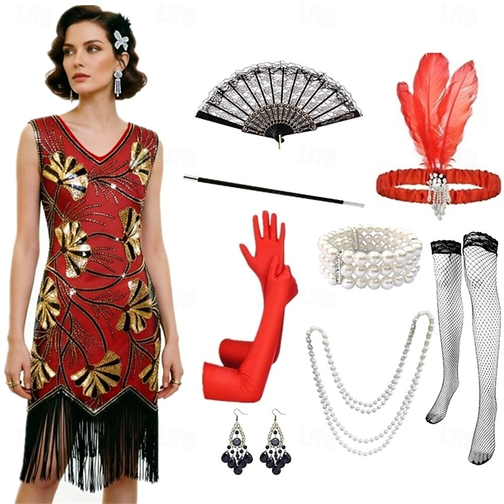 Roaring jaren '20 Jaren 1920 Retro vintage Tot de knie Flapper jurk Handschoenen Ketting Mouwloos The Great Gatsby Charleston Pailletten V-hals Kostuum Dames Halloween Carnaval Feesten & Uitgaan 2026 - $64.99 –P12