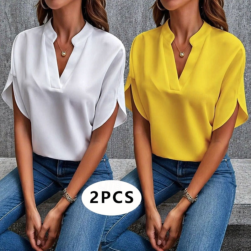 Multi Packs 2pcs Women's V Neck Short Sleeves Yellow+Blue Blouse Jeans Sexy Plain Solid / Plain Color Casual Daily Spandex Summer 2026 - $31.99 –P1