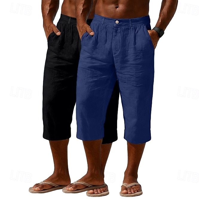 Homme Shorts Capri Shorts en Lin Short décontracté Avec Poches Taille Élastique Uni Confort Respirant Longueur mollet Quotidien Extérieur Plage Vacances Mode Noir + Bleu Marine Bleu Marine + Gris Non de 2026 ? $33.99 –P9