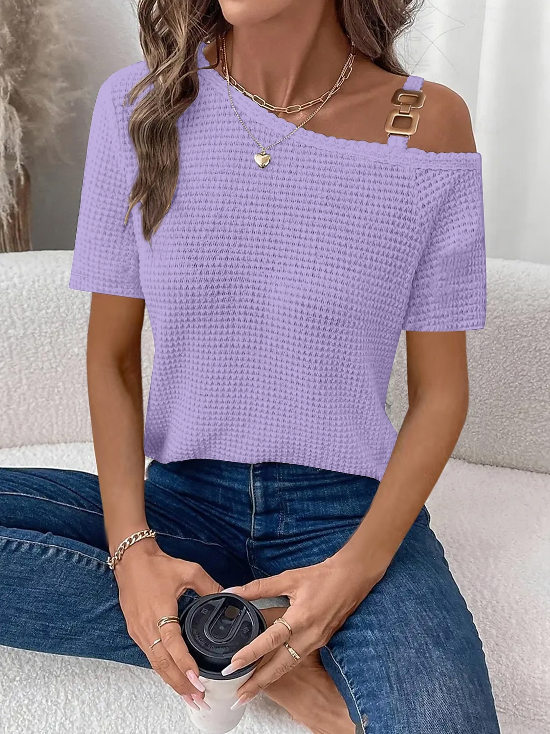 Γυναικεία Μπλουζάκι Μπλουζάκι μπλουζάκι Κουρελού Σκέτο Μοντέρνα Στυλάτο Κλασσικό Κοντομάνικο Ασύμμετρος λαιμός Κανονικά μπλουζάκια Καθημερινά Εξόδου Σαββατοκύριακο 2026 - $24.99 –P13