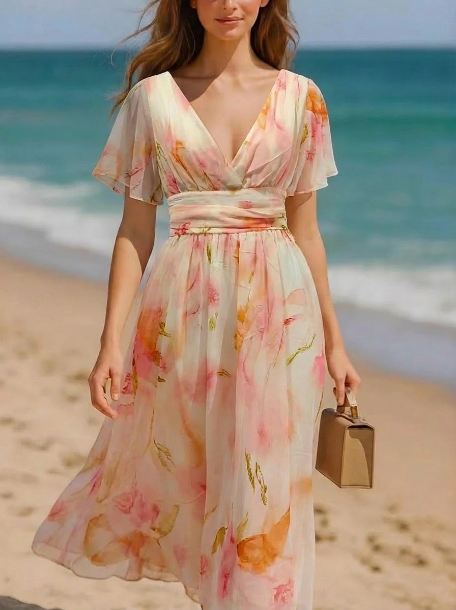 Mujer Vestido maxi Vestido de raso Vestido de flores Vestido Estampado Elegante Moda Moderno Diario Exterior Vacaciones Ajuste regular Floral Manga Corta Escote en Pico Rosa Verano Primavera 2026 - $43.99 –P3