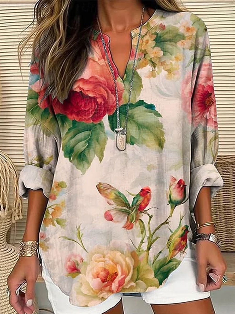 Mujer Camisa camisa boho Blusa Estampado Floral Graphic Vintage Diario Elegante Manga Larga Escote en Pico Tops largos Casual Diario Festivos Negro Verde Trébol Beige Verano Primavera 2026 - $32.99 –P6