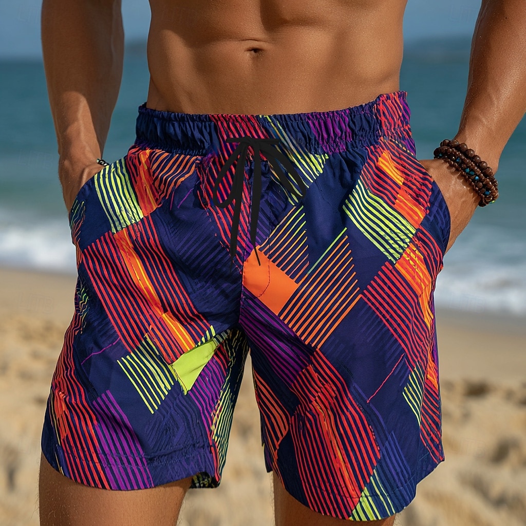Men's Color Block Striped Abstract Art Swim Trunks Bathing Suits Swim ...