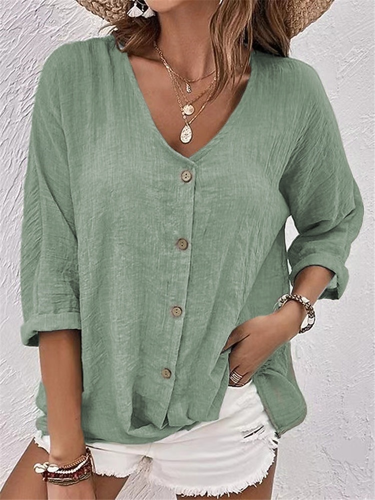 Women's Casual Shirt Beach Shirt Button Up Shirt Blouse Solid Color Plain Vacation Fashion Casual V Neck Regular Tops Streetwear Beach Holiday Blue Pink Purple Green Khaki Summer Spring Fall 2026 - $22.99 –P6