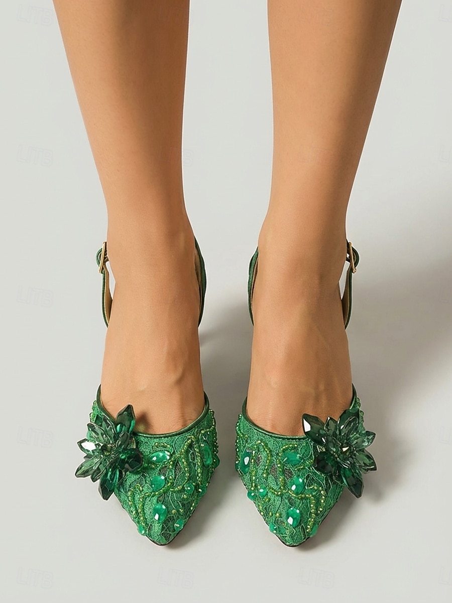 Damskie zielone, zdobione czółenka na obcasie typu slingback - spiczaste noski z kryształkami i kwiatowym wzorem na koktajlowe przyjęcia i wieczorne imprezy &wieczór oświadczeń 2026 - $54.99 –P2