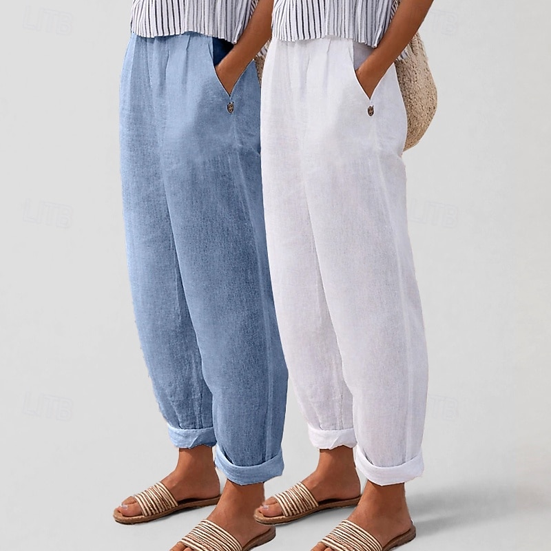 Πολυσυσκευασίες 2 τεμαχίων γυναικείο παντελόνι 100% βαμβάκι καλοκαιρινό παντελόνι casual παντελόνι διακοπών βασικό ψηλόμεσο απλό τσέπη άνεση μαλακό αναπνεύσιμο ανελαστικό casual καθημερινό αθλητικό λευκό+πράσινο λευκό+χακί 2026 - $31.99 –P7