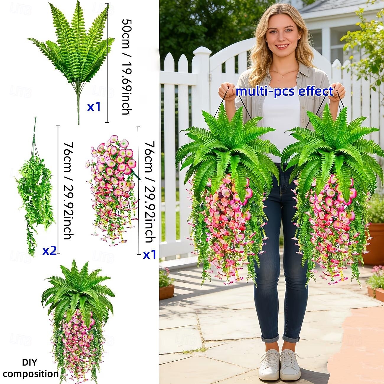 Ensemble de 4 plantes artificielles de type fougère de Boston et ipomée de la pampa, à suspendre soi-même. Résistantes aux UV, ces plantes artificielles réalistes sont toujours vertes et ne de 2026 ? $19.99 –P2